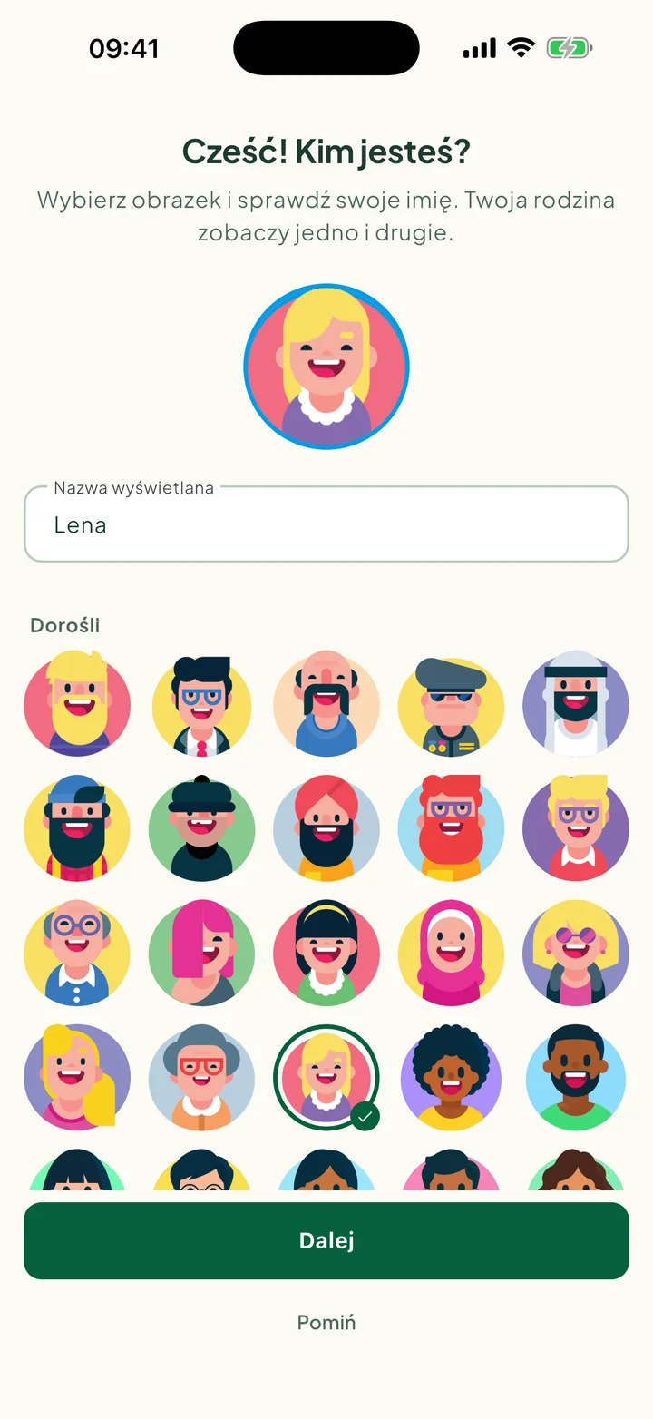 Krok Cześć! Kim jesteś? z wybranym zdjęciem i wpisanym imieniem.