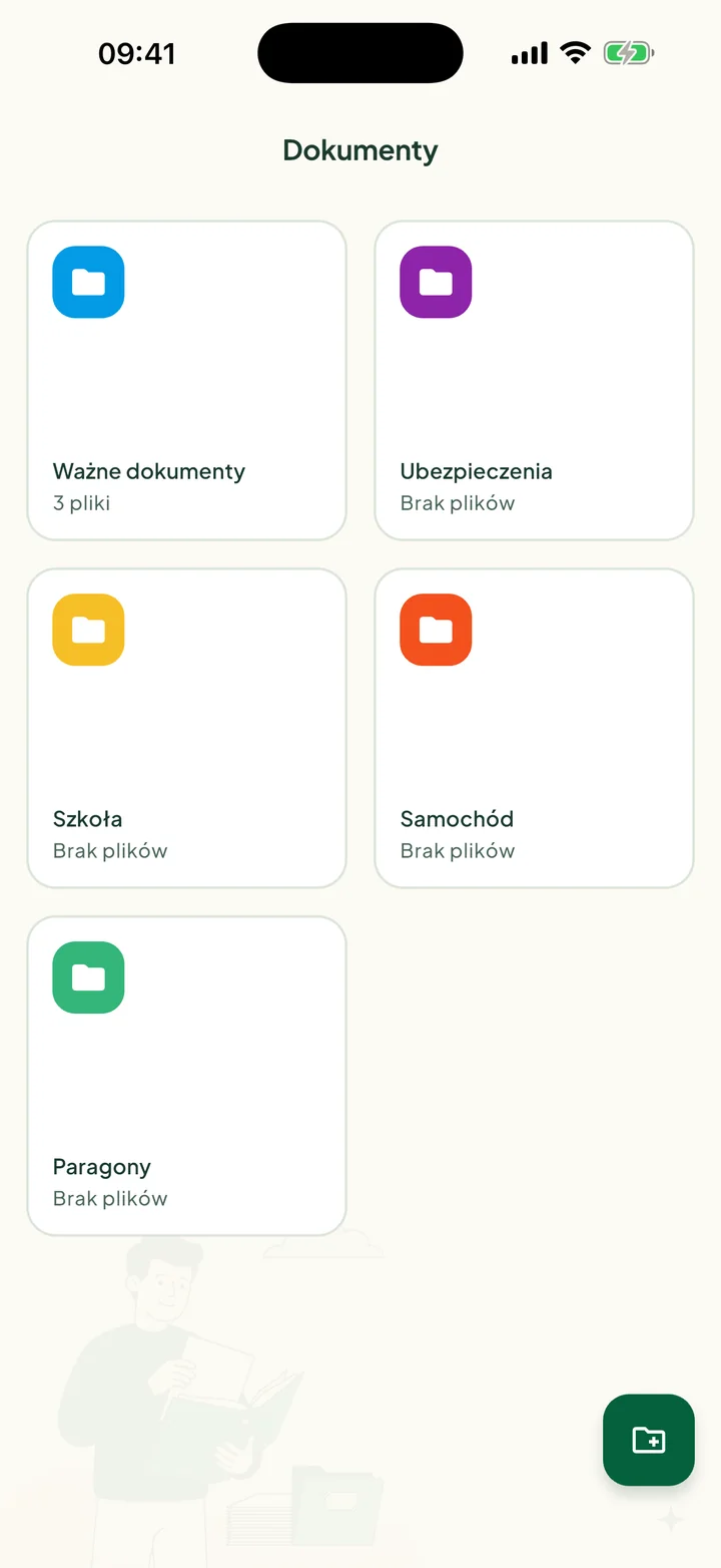 Ekran Dokumenty z pięcioma folderami: Ważne dokumenty, Ubezpieczenia, Szkoła, Samochód i Paragony.