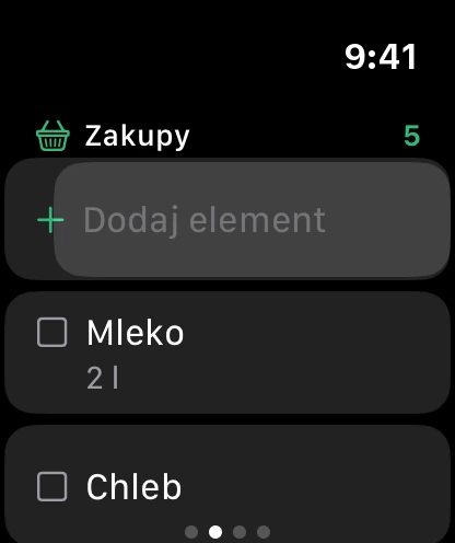 Lista zakupów na zegarku, na górze Dodaj element.