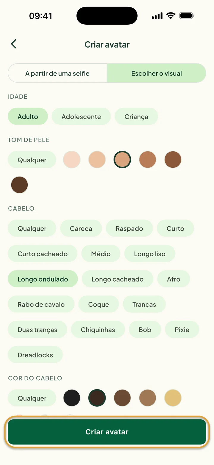 Escolher o visual com Adulto, um tom de pele e cabelo Longo ondulado e Castanho-escuro escolhidos. Criar avatar está circulado.