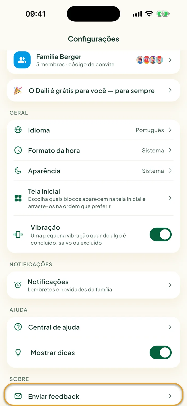 A tela Configurações. Enviar feedback, em Sobre, está circulado.