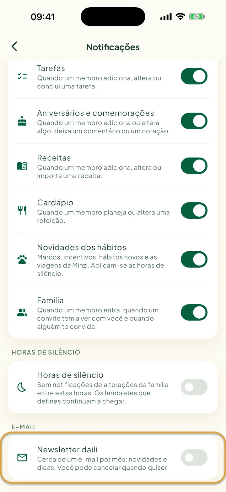 O final da tela Notificações. A chave Newsletter daili, em E-mail, está circulada.