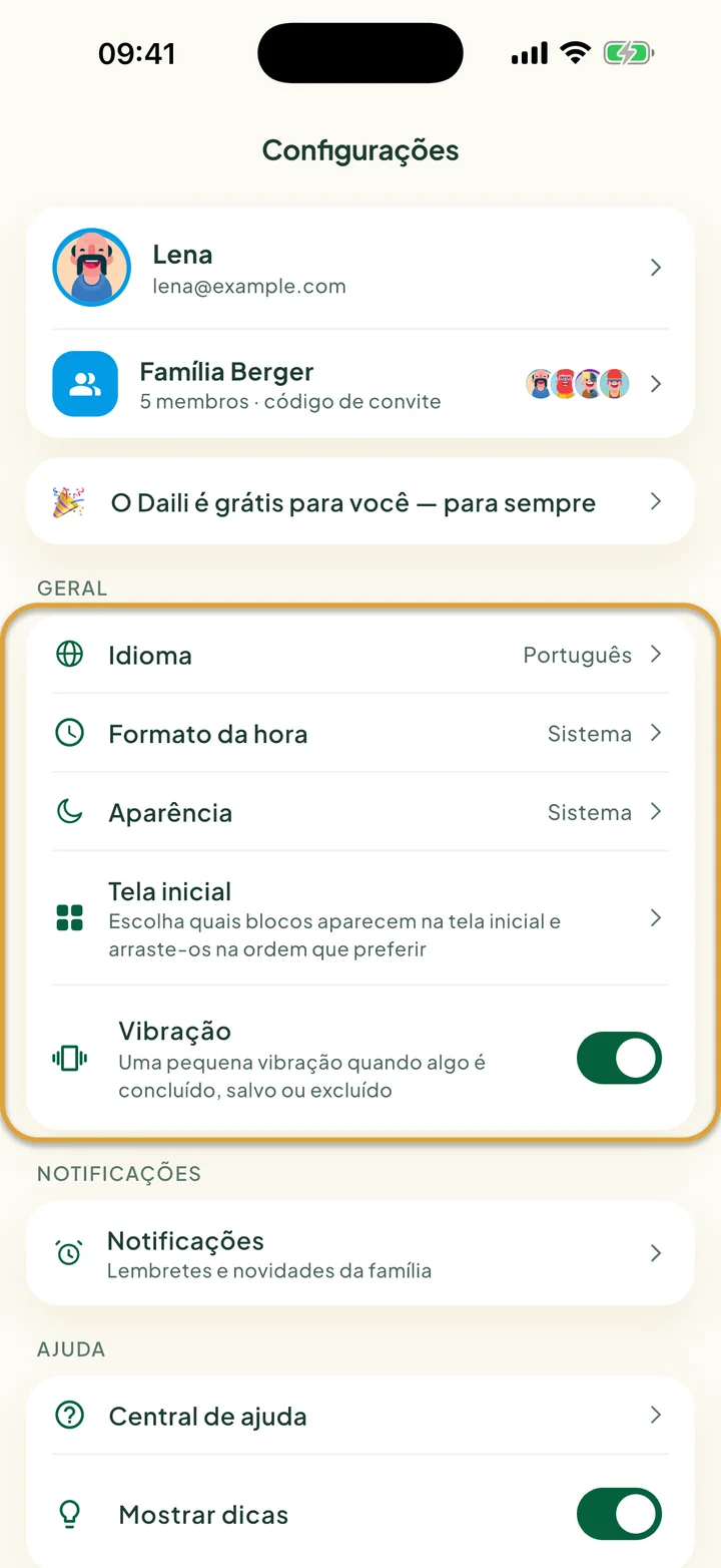 A tela Configurações. O cartão Geral, com Idioma, Formato da hora, Aparência, Tela inicial e Vibração, está circulado.