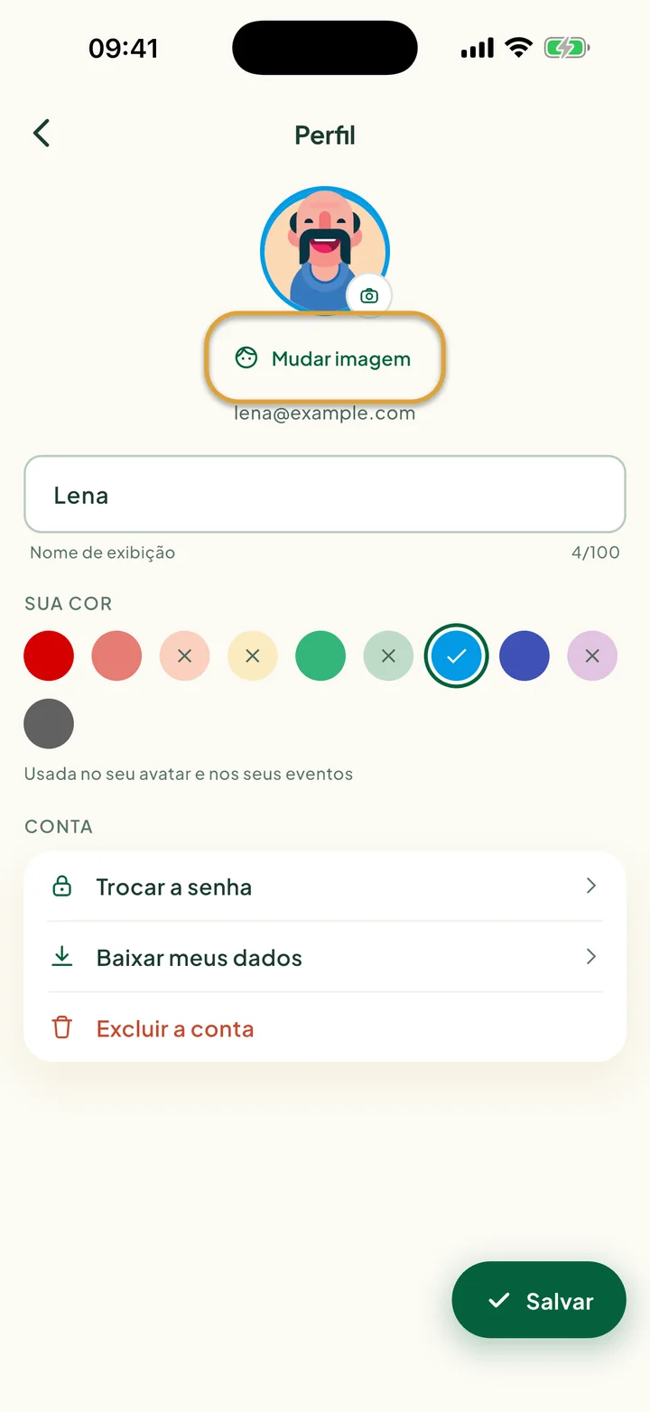 A tela Perfil com o nome, as cores e as linhas da conta. Mudar imagem está circulado.
