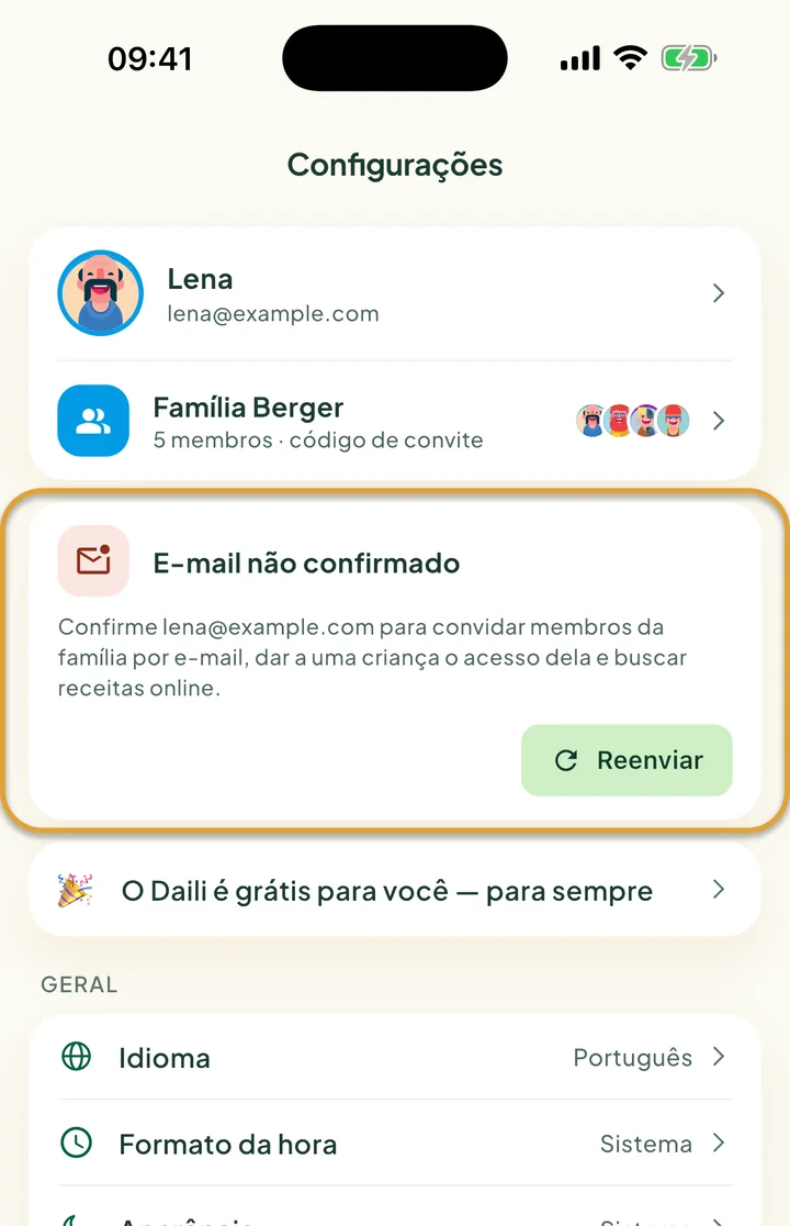 O alto de Configurações. O cartão E-mail não confirmado, com o botão Reenviar, está circulado.