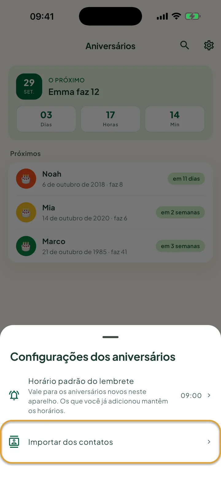 As Configurações dos aniversários. A linha Importar dos contatos está circulada.