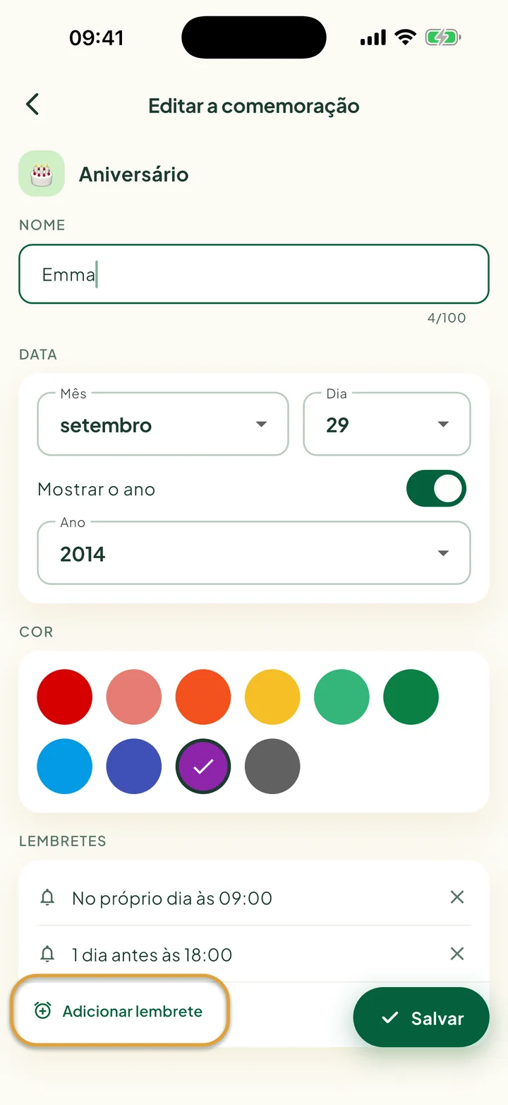 A tela Editar a comemoração com dois lembretes. O botão Adicionar lembrete está circulado.