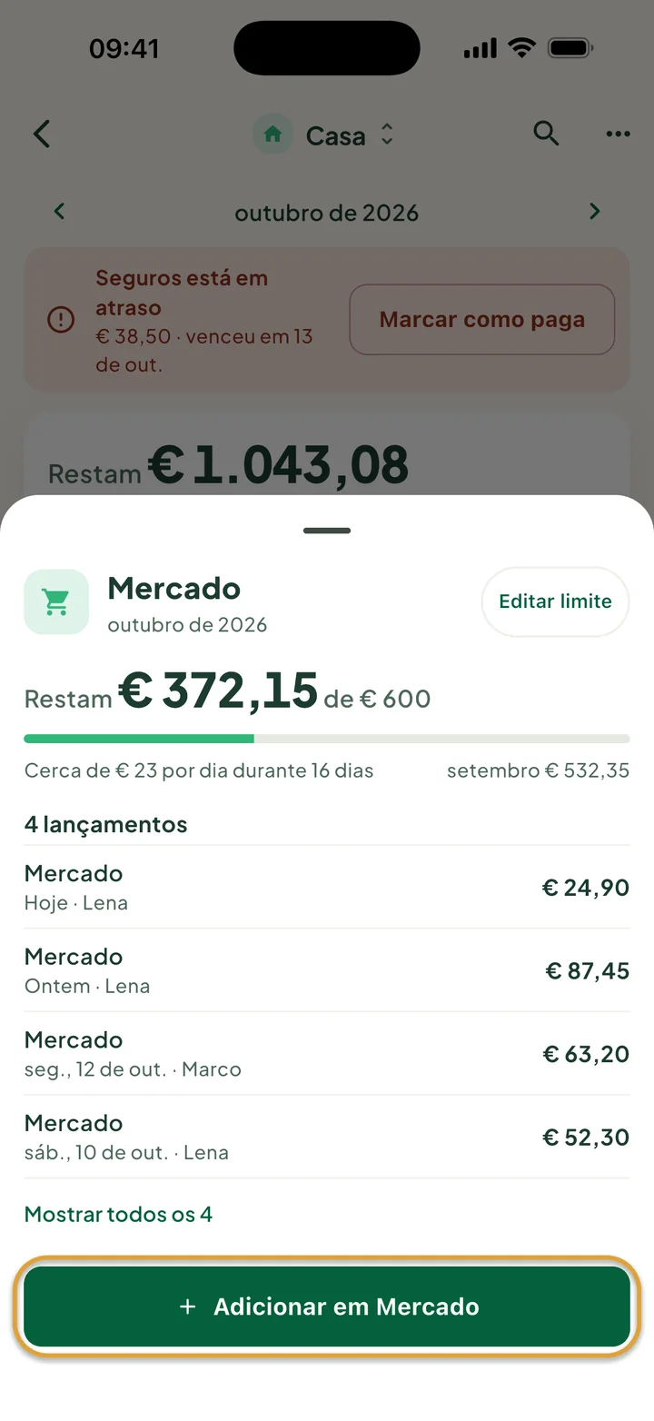 A folha Mercado: restam € 372,15 de € 600 e quatro lançamentos. O botão Adicionar em Mercado está circulado.