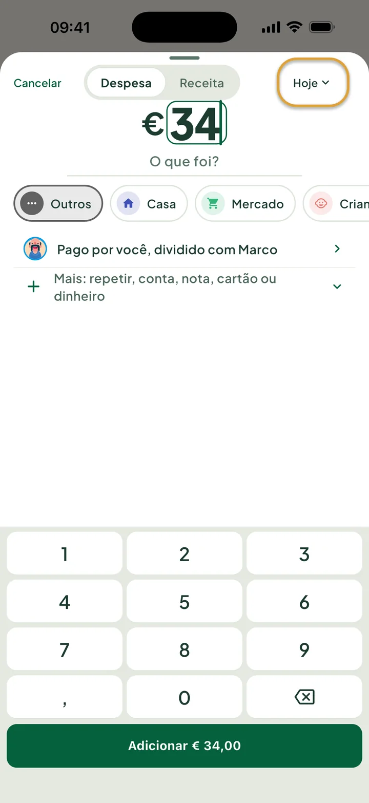 Uma despesa de € 34 no teclado numérico. O botão Hoje no topo está circulado.
