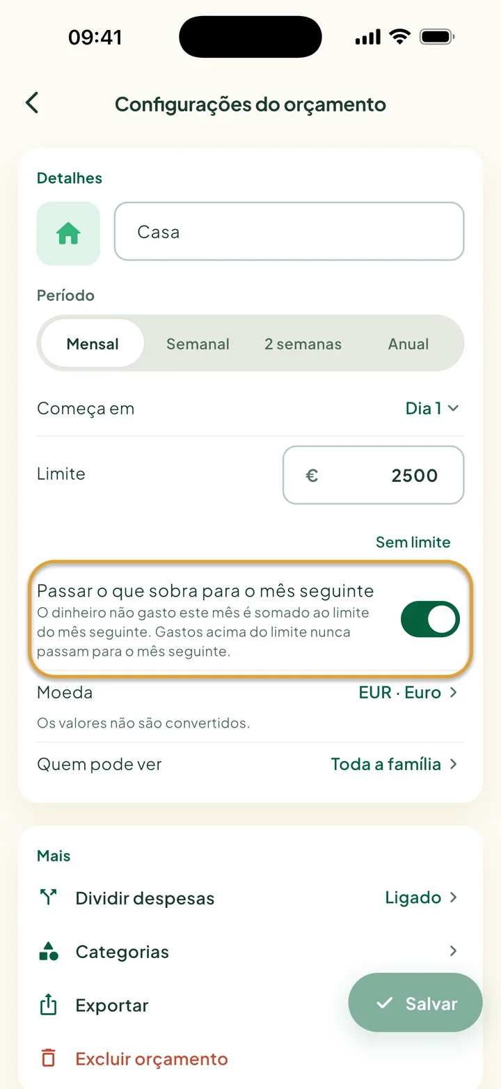 Configurações do orçamento com Passar o que sobra para o mês seguinte ativado. A chave está circulada.