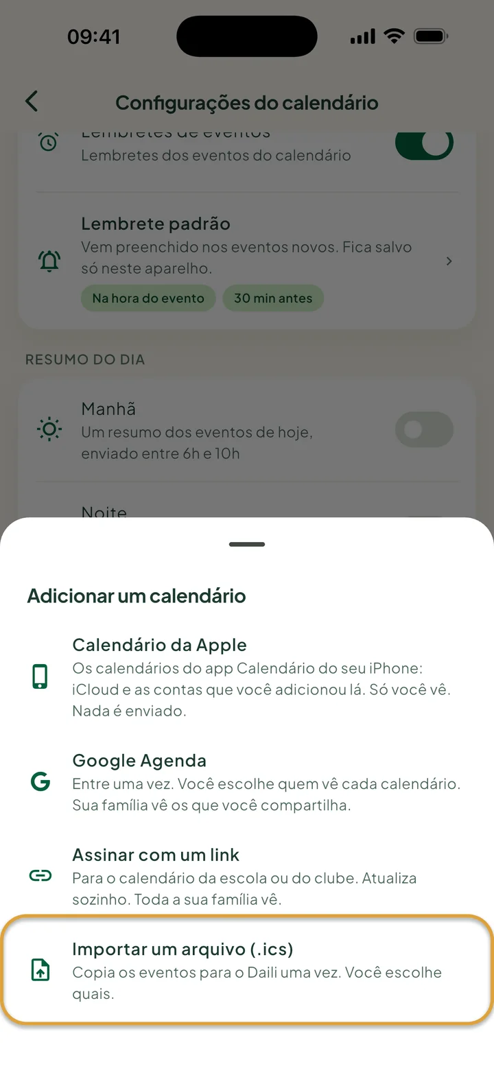 A janela Adicionar um calendário nas configurações do calendário. Importar um arquivo (.ics) está circulado.