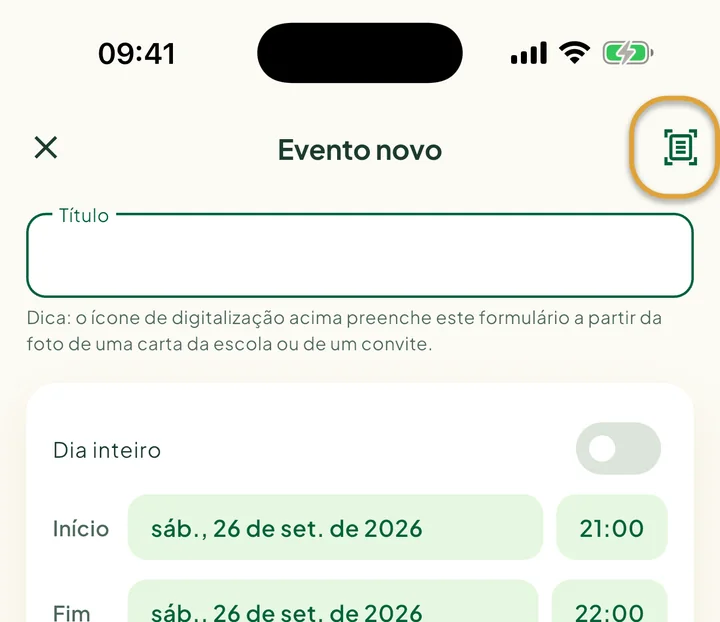 A tela Evento novo. O ícone de escanear no canto superior direito está circulado.