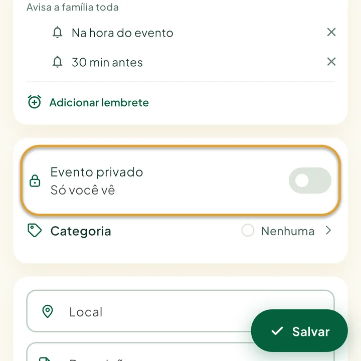 O formulário do evento. A chave Evento privado está circulada.