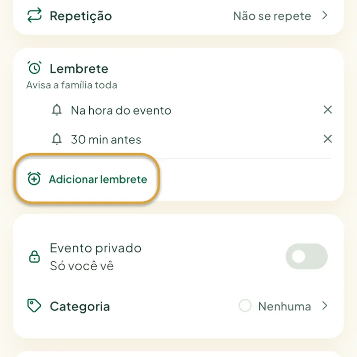 A seção Lembrete do formulário do evento, com dois lembretes. O botão Adicionar lembrete está circulado.