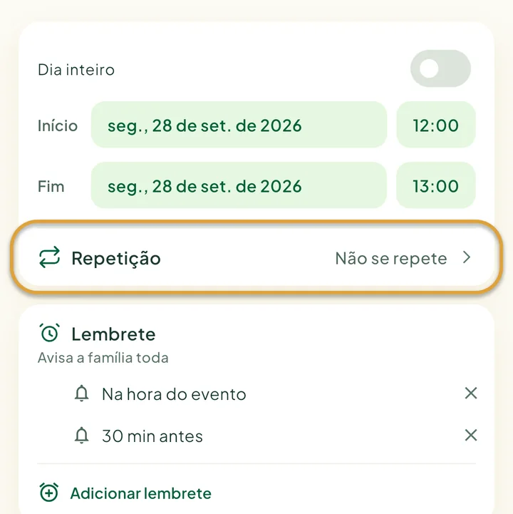O formulário de evento novo. A linha Repetição está circulada.