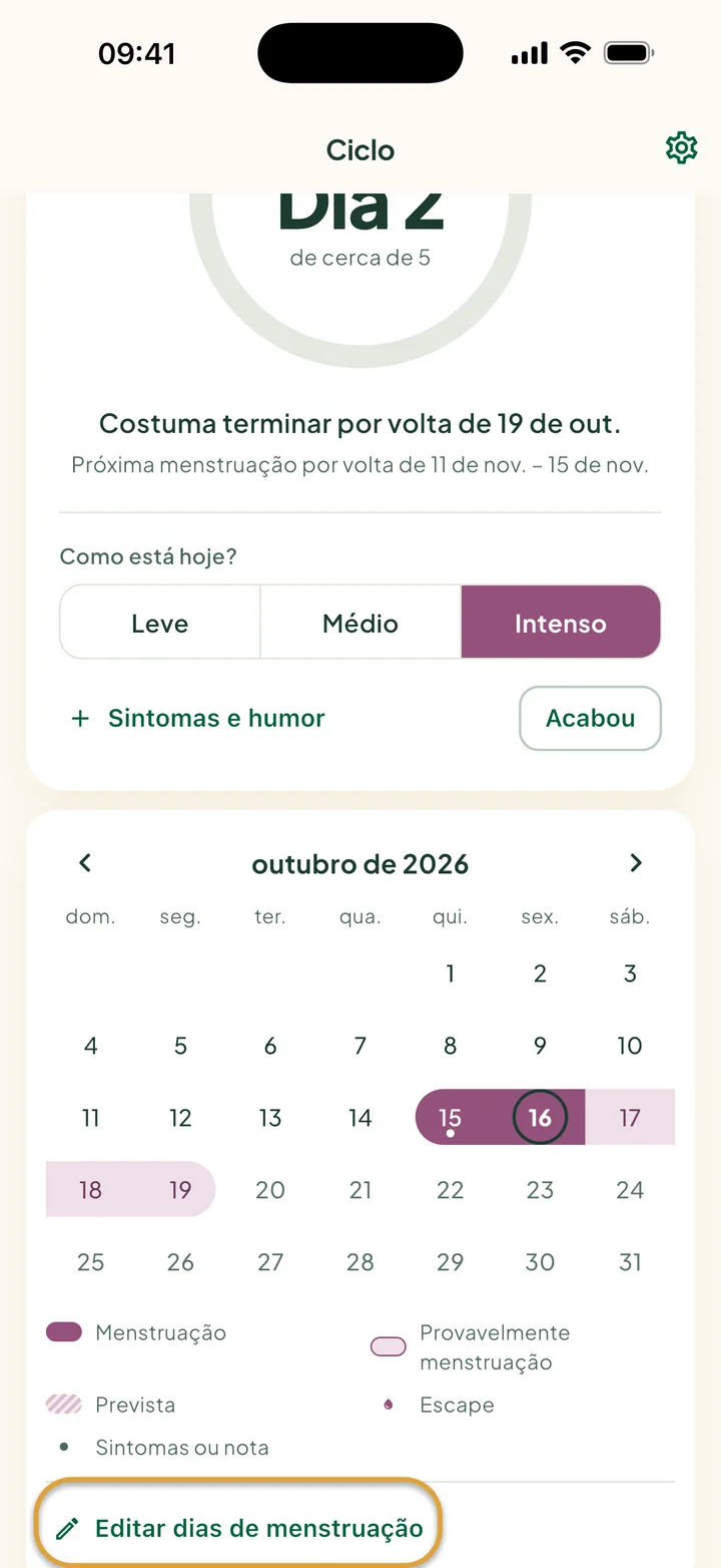 O mês do Ciclo no dia 2 da menstruação: uma faixa em 15 e 16 de out., dias claros depois dela e hoje circulado. Editar dias de menstruação está circulado.