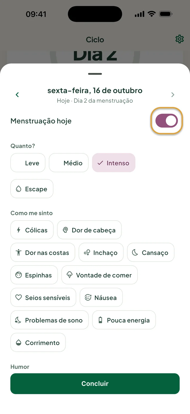 A janela do dia sexta-feira, 16 de outubro: Menstruação hoje está ativado e Intenso está escolhido. A chave está circulada.