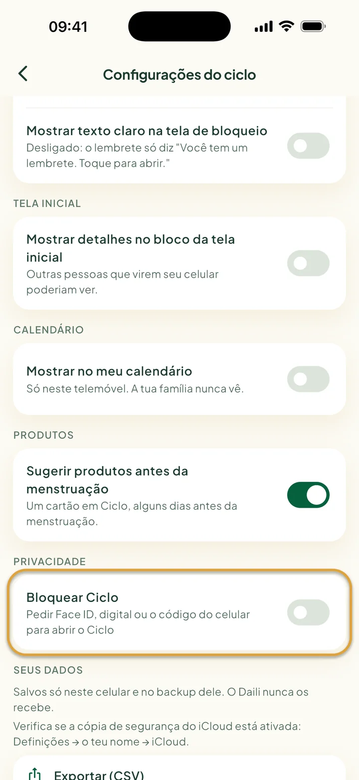 As Configurações do ciclo com Mostrar no meu calendário, a chave de produtos e Exportar (CSV). Bloquear Ciclo está circulado.