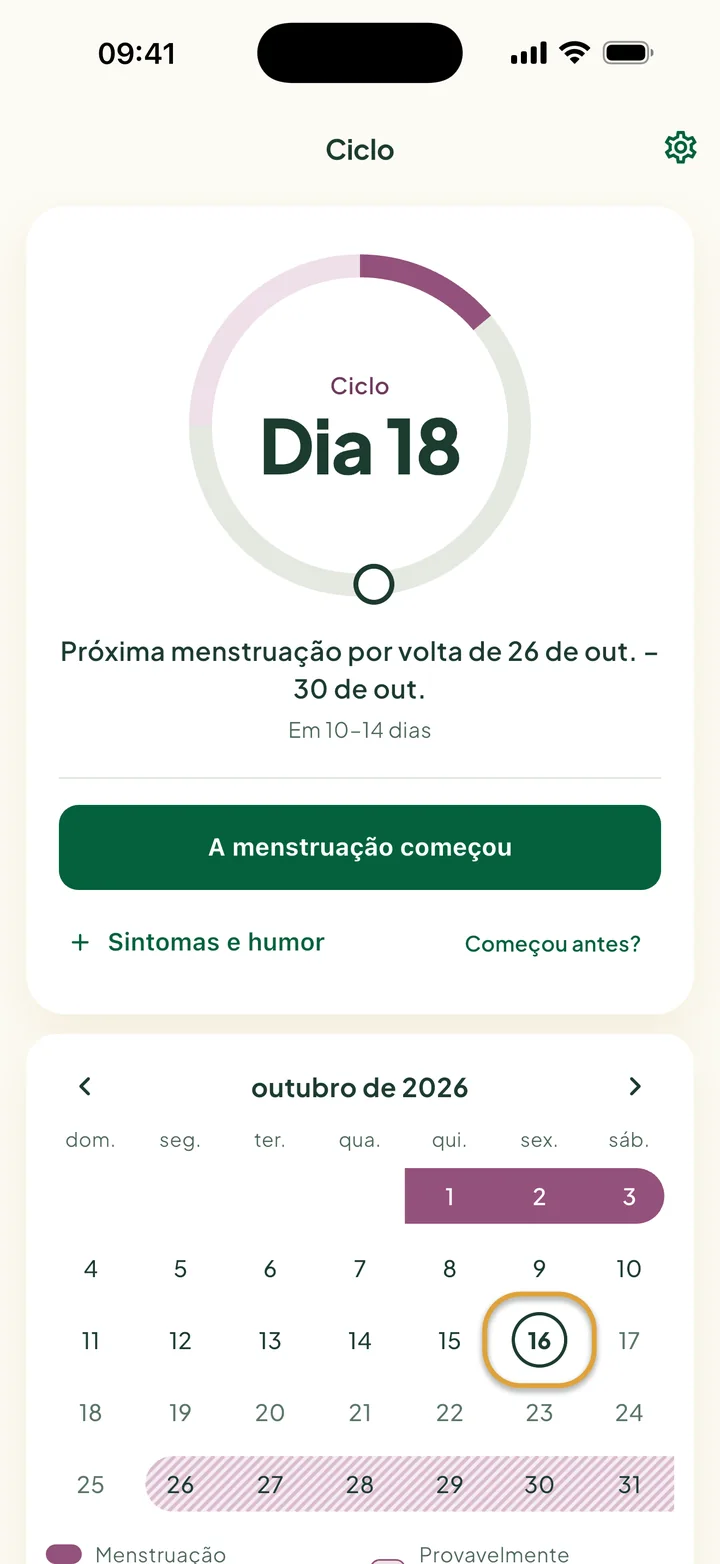 O cartão do Ciclo no dia 18: "Próxima menstruação por volta de 26 de out. – 30 de out." e o botão A menstruação começou. Hoje está circulado no mês abaixo.