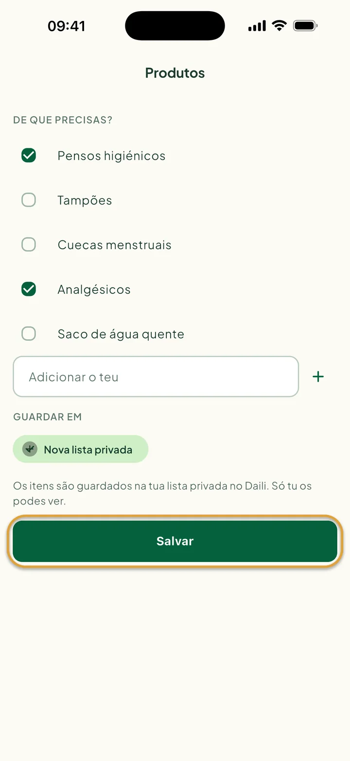 A tela Produtos com Pensos higiénicos e Analgésicos marcados e Nova lista privada escolhida. Salvar está circulado.