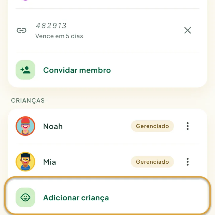 A seção Crianças da tela Família, com duas crianças. A linha Adicionar criança está circulada.