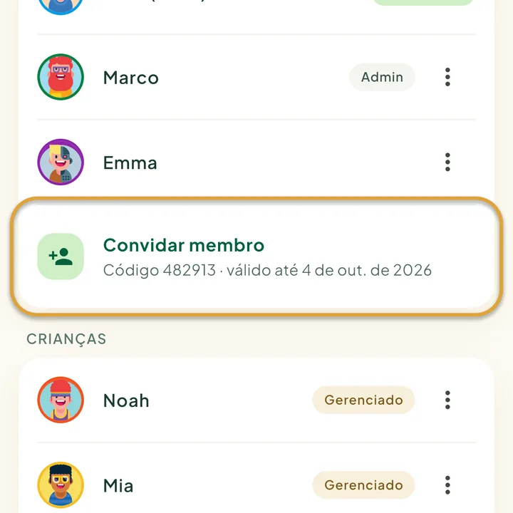 A tela Família. Convidar membro, com o código atual e a data de validade embaixo, está circulado.