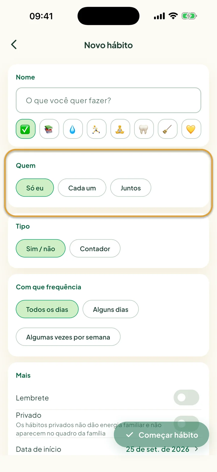 O formulário Novo hábito. As opções de Quem, Só eu, Cada um e Juntos, estão circuladas.