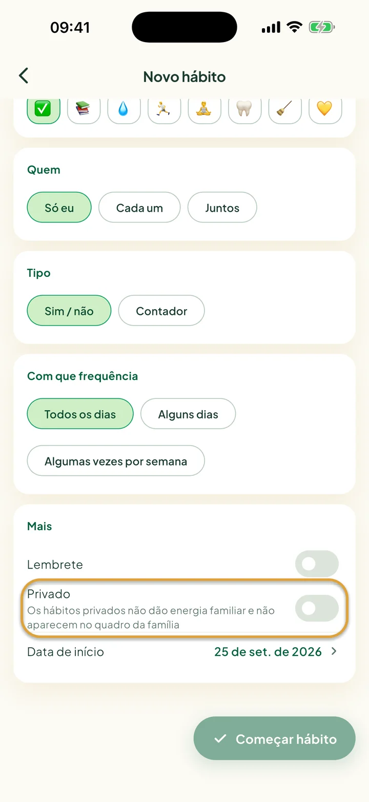 A parte Mais do formulário Novo hábito. A chave Privado está circulada.