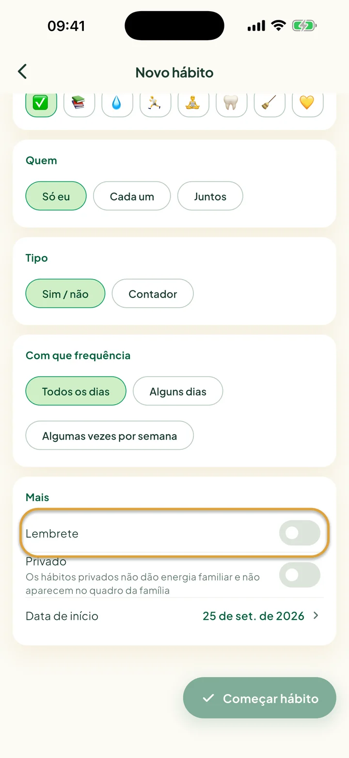 A parte Mais do formulário Novo hábito. A chave Lembrete está circulada.