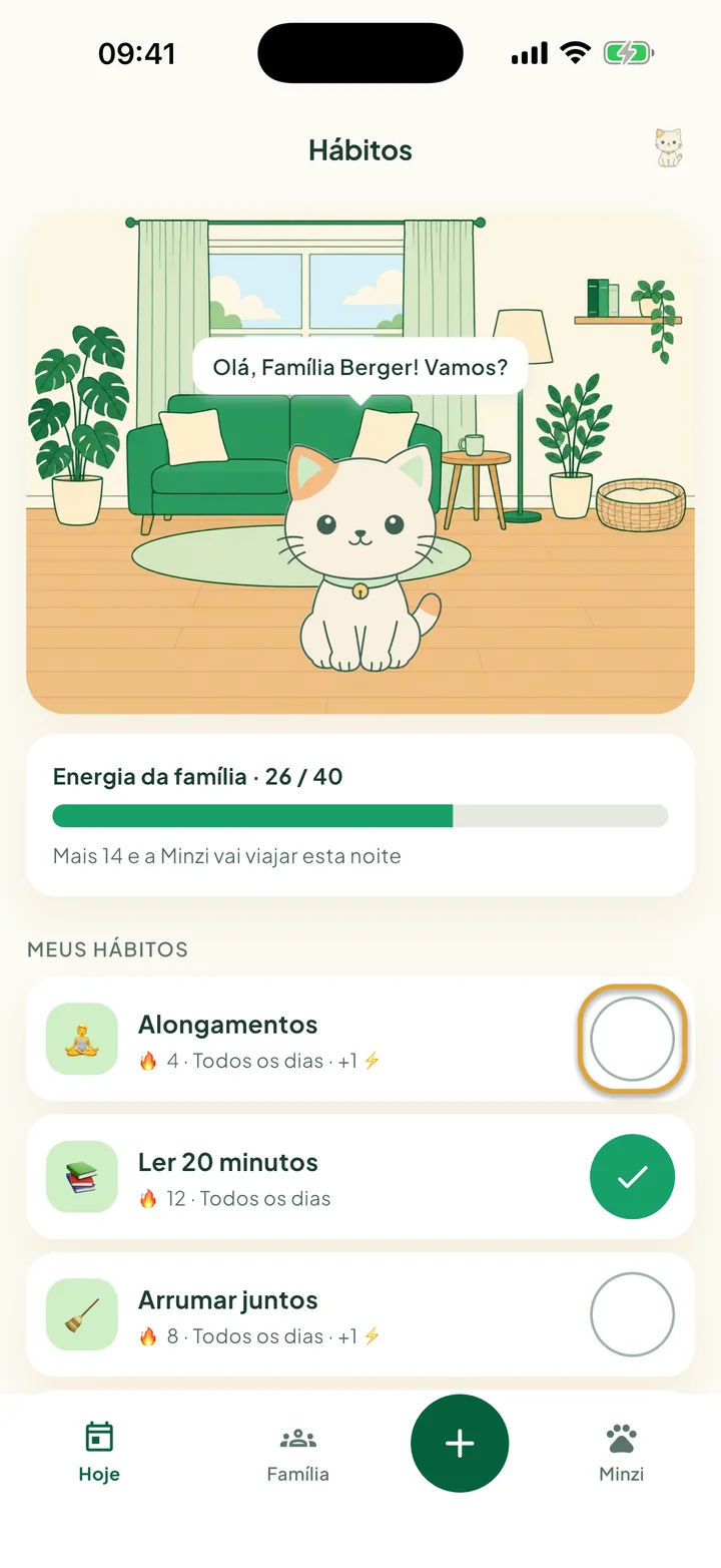 A tela Hábitos. O botão redondo de marcar ao lado de Alongamentos está circulado.