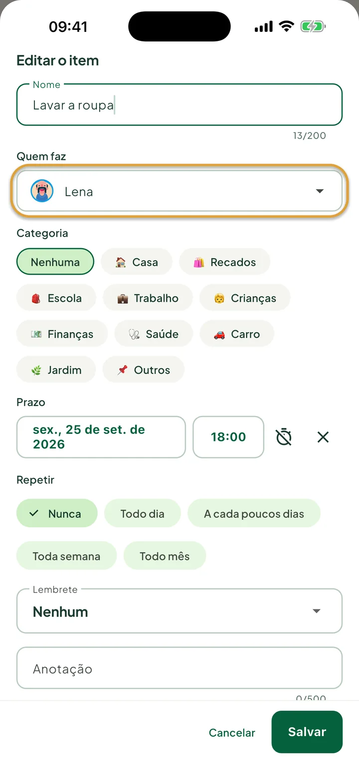 A janela Editar o item de uma tarefa. O campo Quem faz, com Lena, está circulado.