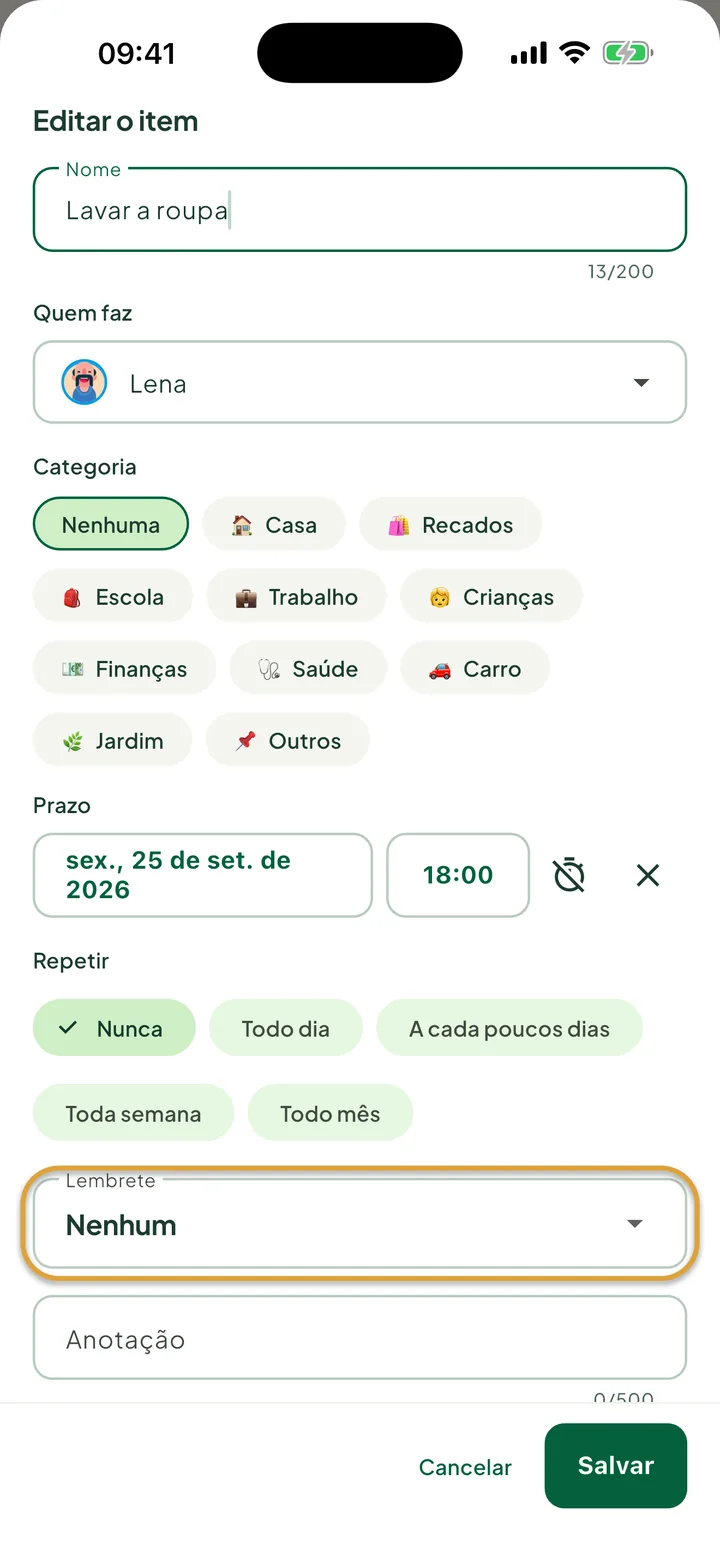 A janela Editar o item de uma tarefa com prazo e horário. O campo Lembrete está circulado.