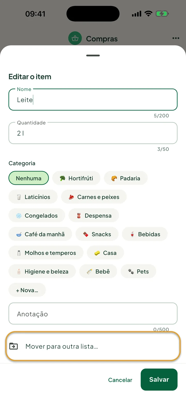 A janela Editar o item de Leite. A linha Mover para outra lista… está circulada.