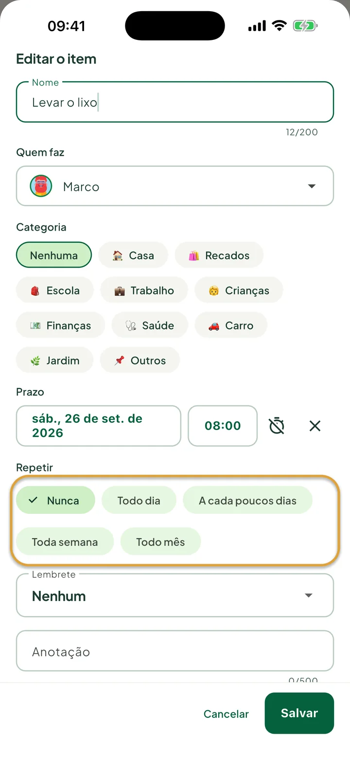 A janela Editar o item de uma tarefa. As opções de Repetir, Nunca, Todo dia, A cada poucos dias, Toda semana e Todo mês, estão circuladas.
