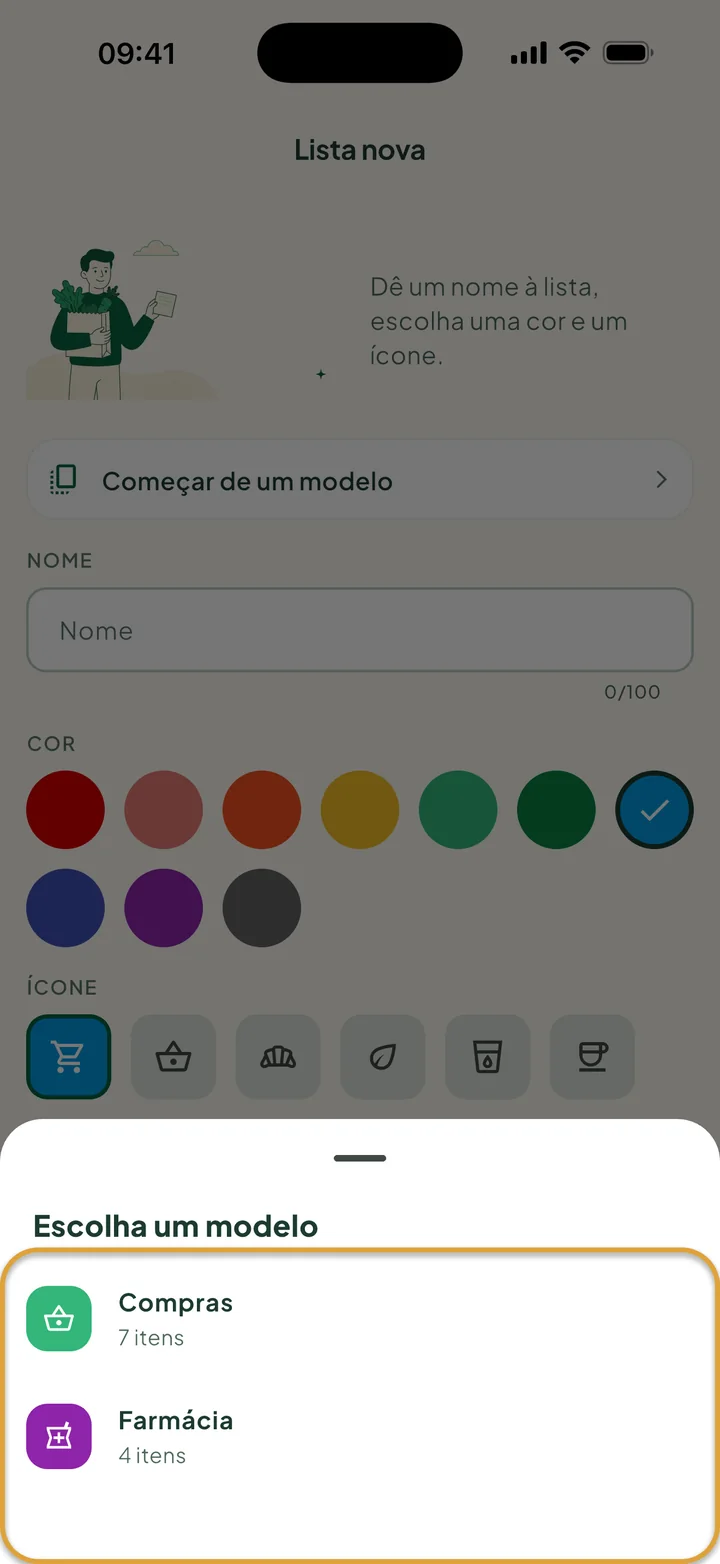 A tela Lista nova com Escolha um modelo aberto, mostrando dois modelos. A lista de modelos está circulada.
