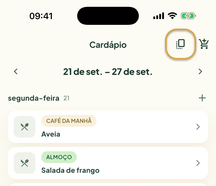 O alto do Cardápio. O botão de copiar, ao lado do carrinho de compras, está circulado.