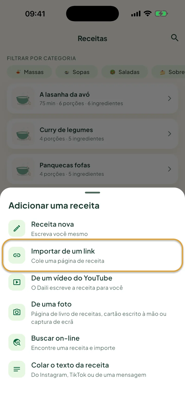 A tela Receitas com o menu + aberto. Importar de um link está circulado.