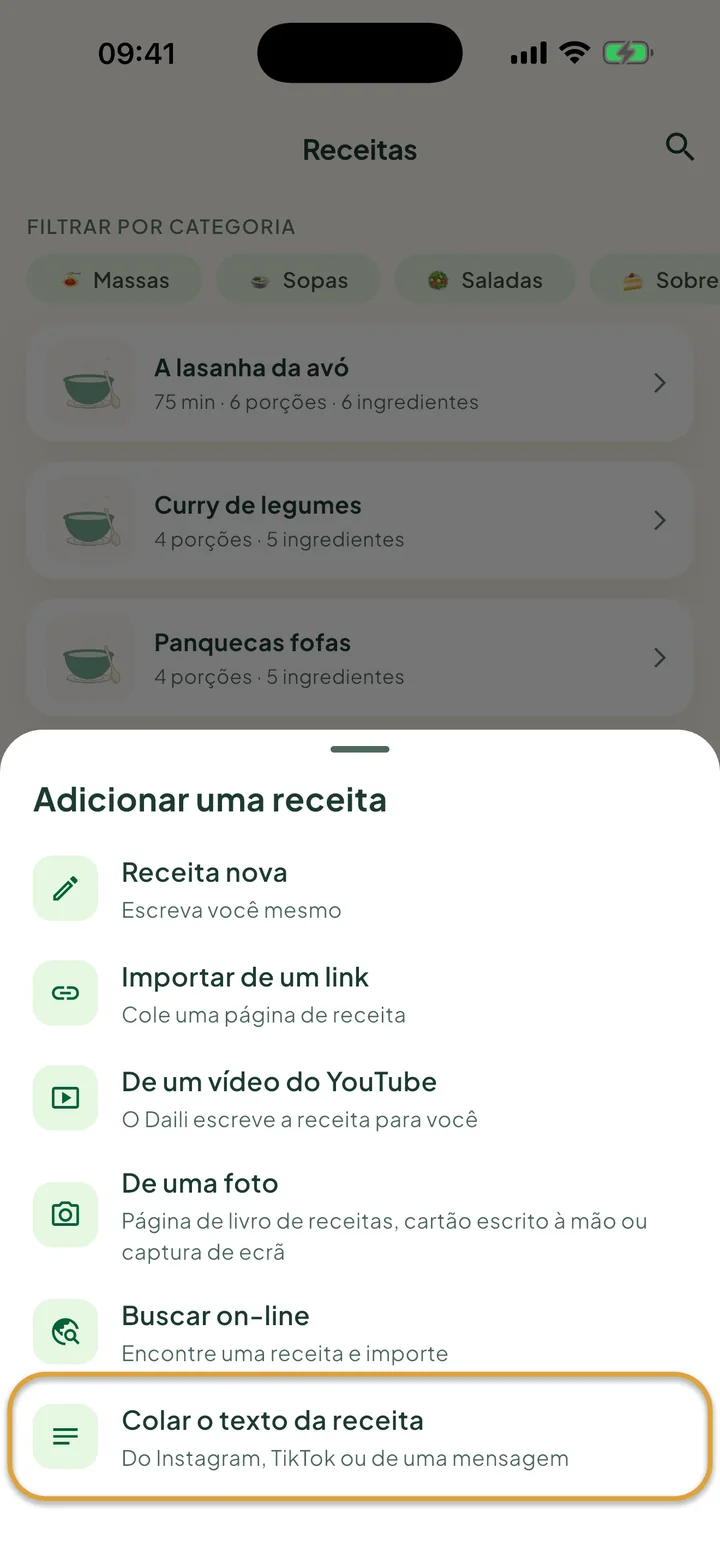A tela Receitas com o menu + aberto. Colar o texto da receita está circulado.