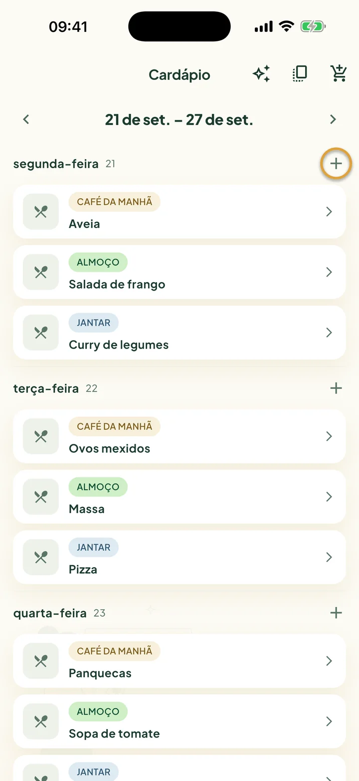 O Cardápio de uma semana. O + ao lado de segunda-feira está circulado.