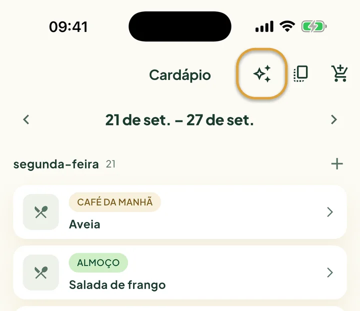 O topo do Cardápio. O botão de brilho ao lado do botão de copiar está circulado.