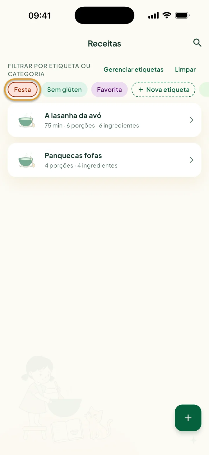 A linha de filtros com Festa escolhida. Só aparecem A lasanha da avó e Panquecas fofas.