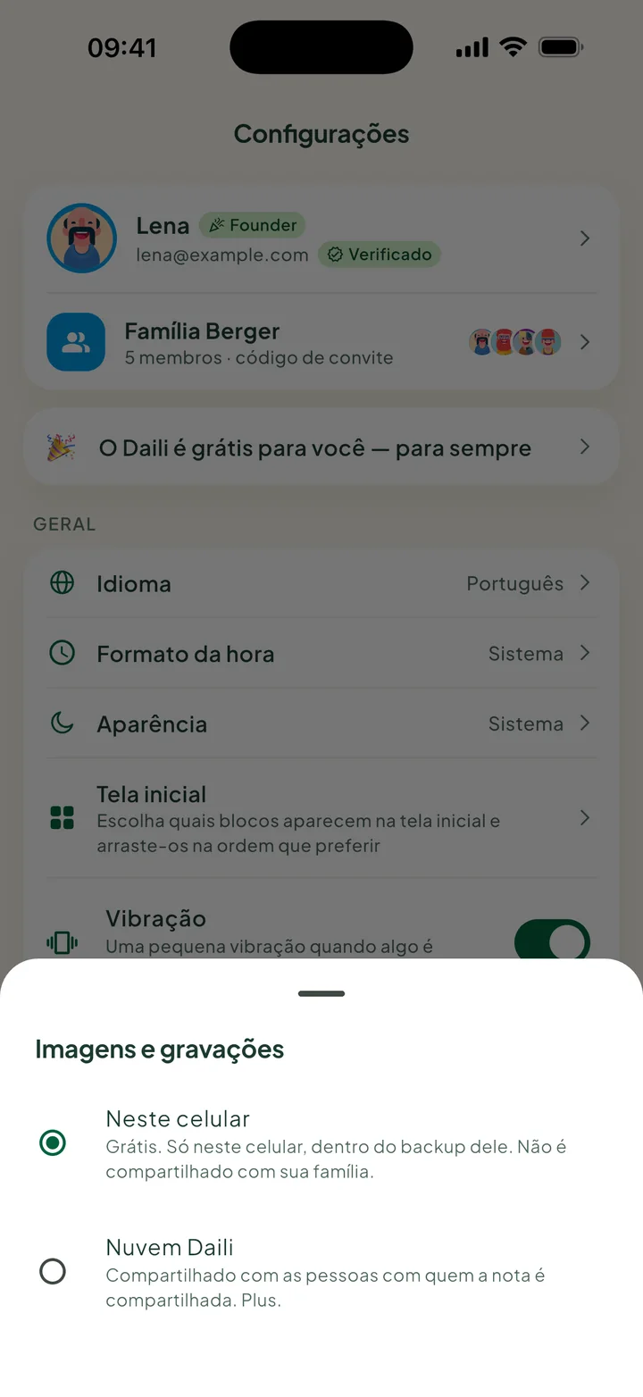 Imagens e gravações, com Neste celular escolhido e Nuvem Daili abaixo.