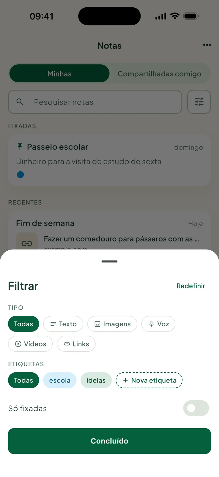 A janela Filtrar: Tipo, Etiquetas com Nova etiqueta, e Só fixadas.