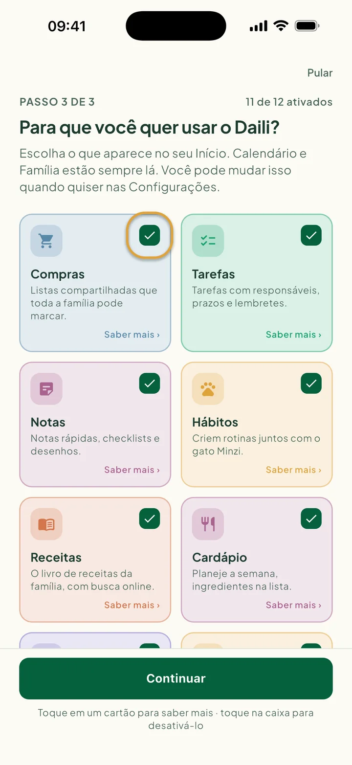 Os cartões de recursos. A caixa no cartão Compras está circulada.