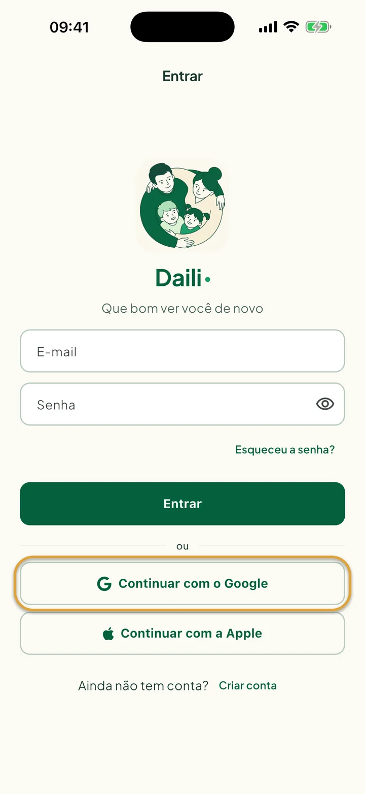 A tela Entrar. O botão Continuar com o Google está circulado.
