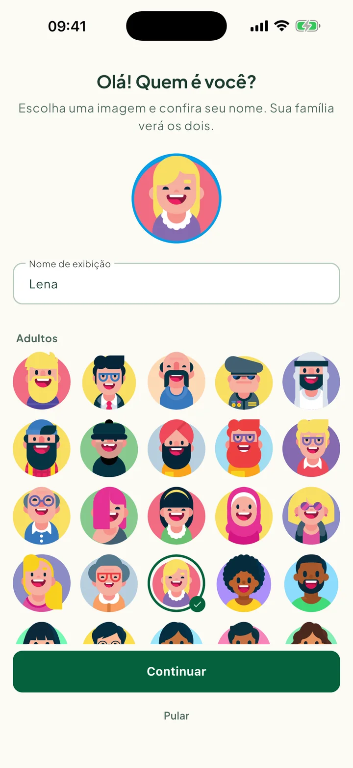 A etapa Olá! Quem é você?, com uma foto escolhida e o nome preenchido.