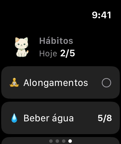 A página Hábitos no relógio: a Minzi, 2 de 5 feitos hoje, e os primeiros hábitos.