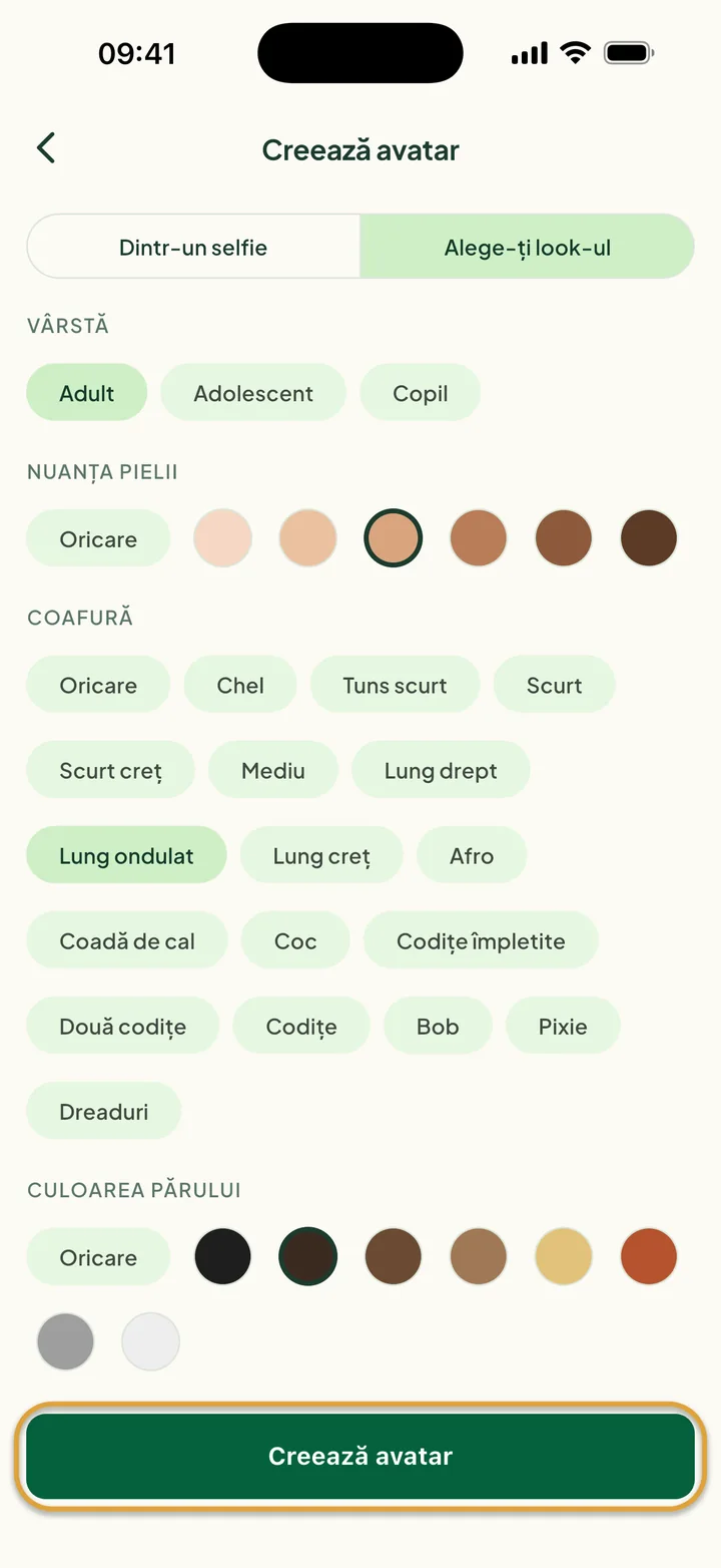Alege-ți look-ul, cu Adult, o nuanță a pielii și păr lung ondulat, castaniu închis alese. Creează avatar este încercuit.