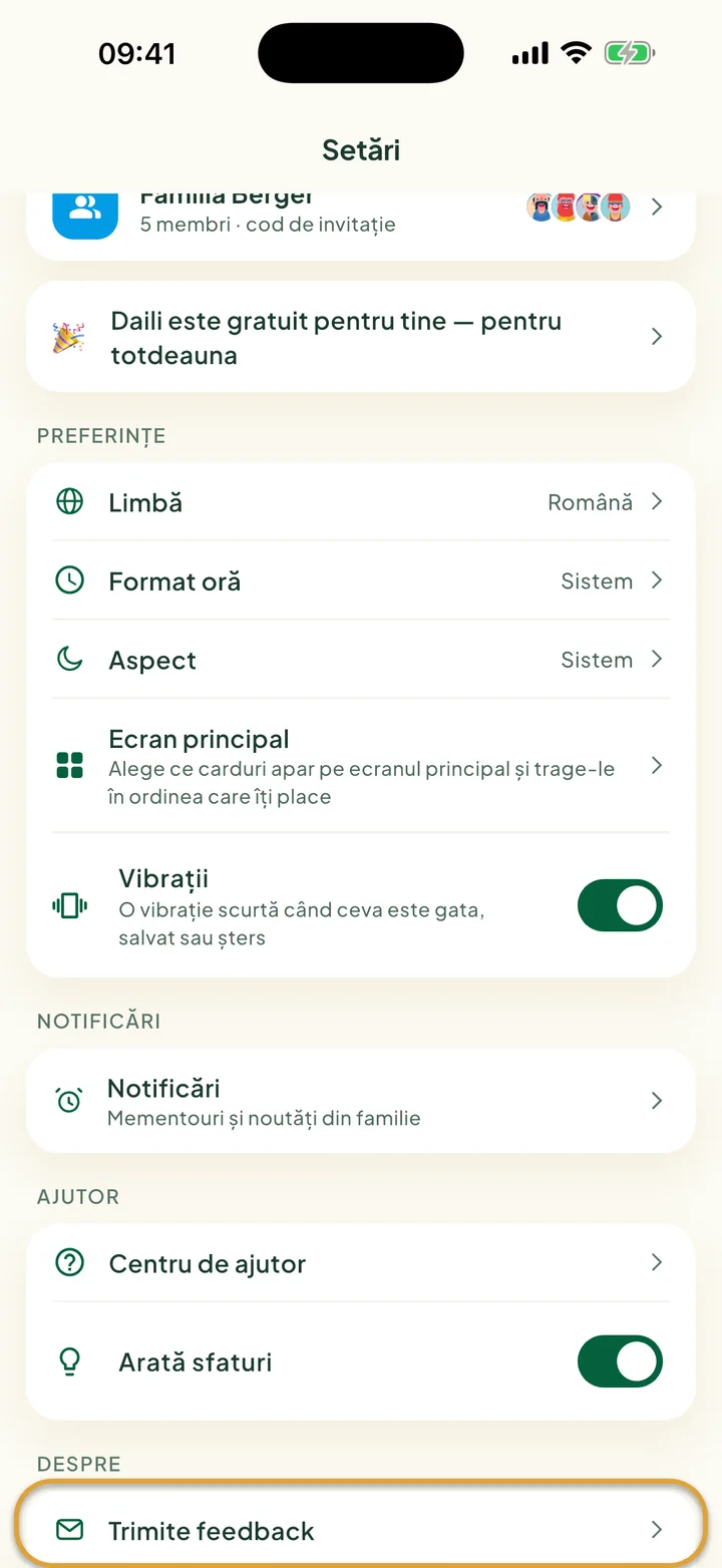 Ecranul Setări. Trimite feedback, la Despre, este încercuit.