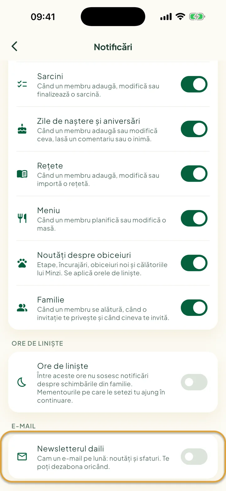 Partea de jos a ecranului Notificări. Comutatorul Newsletterul daili, la E-mail, este încercuit.